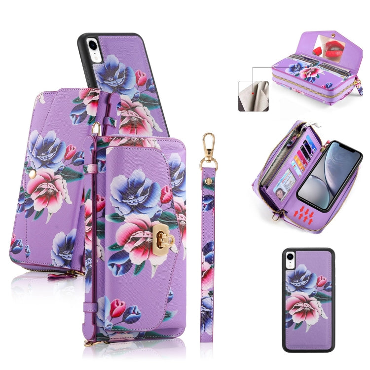 For iPhone XR POLA Flower Multi-functional Crossbody Zipper Wallet Leather Phone Case(Purple) - More iPhone Cases by buy2fix | Online Shopping UK | buy2fix