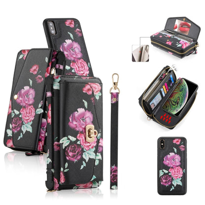 For iPhone XS Max POLA Flower Multi-functional Crossbody Zipper Wallet Leather Phone Case(Black) - More iPhone Cases by buy2fix | Online Shopping UK | buy2fix