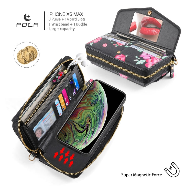 For iPhone XS Max POLA Flower Multi-functional Crossbody Zipper Wallet Leather Phone Case(Black) - More iPhone Cases by buy2fix | Online Shopping UK | buy2fix