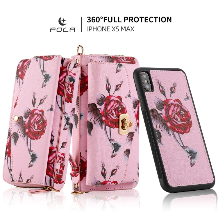 For iPhone XS Max POLA Flower Multi-functional Crossbody Zipper Wallet Leather Phone Case(Pink) - More iPhone Cases by buy2fix | Online Shopping UK | buy2fix