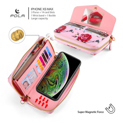 For iPhone XS Max POLA Flower Multi-functional Crossbody Zipper Wallet Leather Phone Case(Pink) - More iPhone Cases by buy2fix | Online Shopping UK | buy2fix