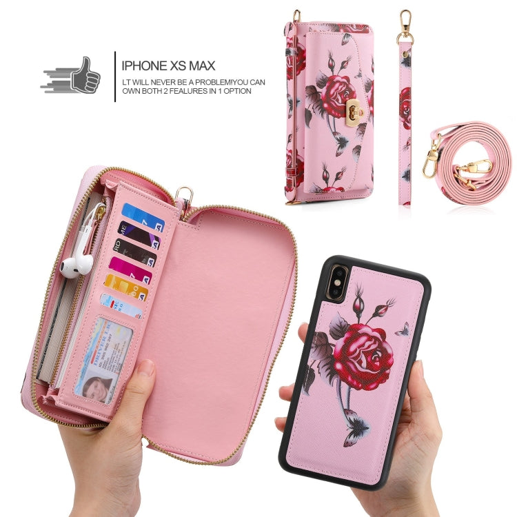 For iPhone XS Max POLA Flower Multi-functional Crossbody Zipper Wallet Leather Phone Case(Pink) - More iPhone Cases by buy2fix | Online Shopping UK | buy2fix