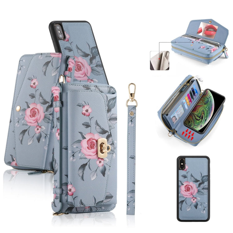 For iPhone XS Max POLA Flower Multi-functional Crossbody Zipper Wallet Leather Phone Case(Blue) - More iPhone Cases by buy2fix | Online Shopping UK | buy2fix