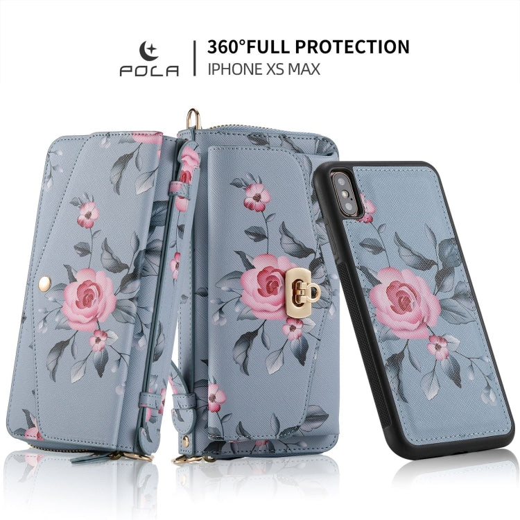 For iPhone XS Max POLA Flower Multi-functional Crossbody Zipper Wallet Leather Phone Case(Blue) - More iPhone Cases by buy2fix | Online Shopping UK | buy2fix