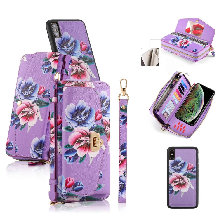 For iPhone XS Max POLA Flower Multi-functional Crossbody Zipper Wallet Leather Phone Case(Purple) - More iPhone Cases by buy2fix | Online Shopping UK | buy2fix