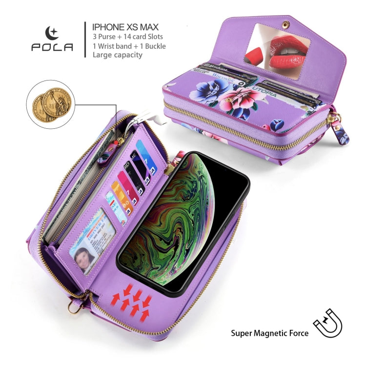 For iPhone XS Max POLA Flower Multi-functional Crossbody Zipper Wallet Leather Phone Case(Purple) - More iPhone Cases by buy2fix | Online Shopping UK | buy2fix