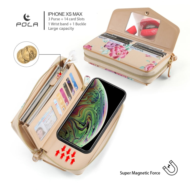 For iPhone XS Max POLA Flower Multi-functional Crossbody Zipper Wallet Leather Phone Case(Yellow) - More iPhone Cases by buy2fix | Online Shopping UK | buy2fix