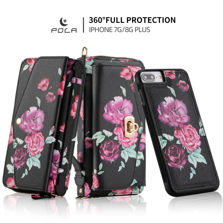 For iPhone 7 Plus / 8 Plus POLA Flower Multi-functional Crossbody Zipper Wallet Leather Phone Case(Black) - More iPhone Cases by buy2fix | Online Shopping UK | buy2fix