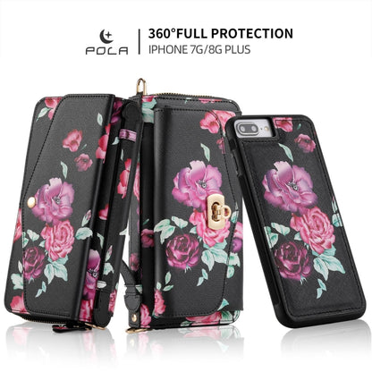For iPhone 7 Plus / 8 Plus POLA Flower Multi-functional Crossbody Zipper Wallet Leather Phone Case(Black) - More iPhone Cases by buy2fix | Online Shopping UK | buy2fix
