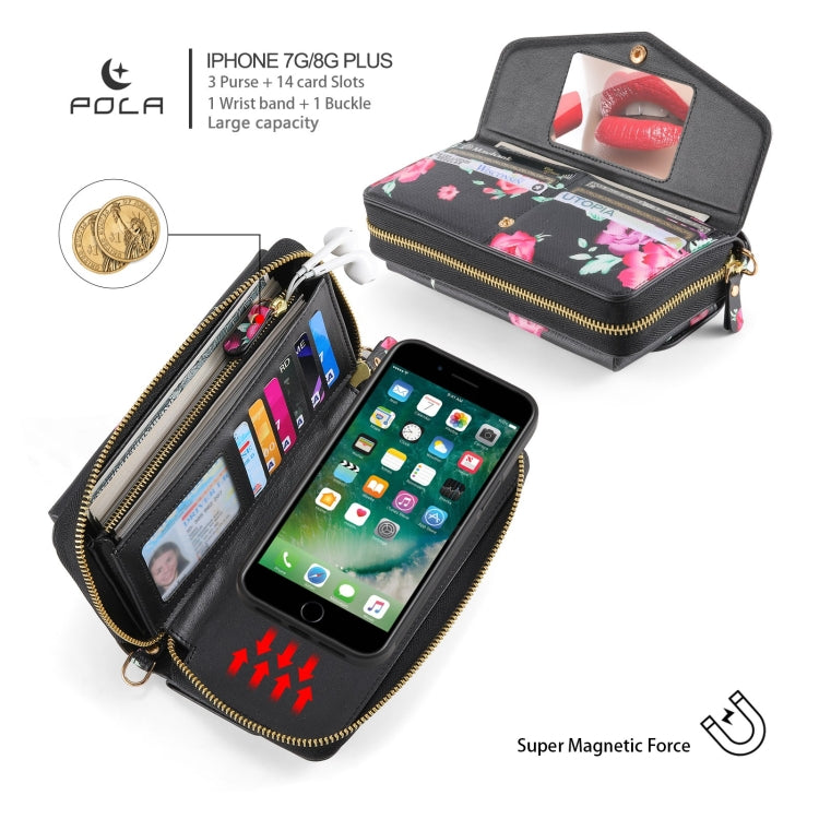 For iPhone 7 Plus / 8 Plus POLA Flower Multi-functional Crossbody Zipper Wallet Leather Phone Case(Black) - More iPhone Cases by buy2fix | Online Shopping UK | buy2fix