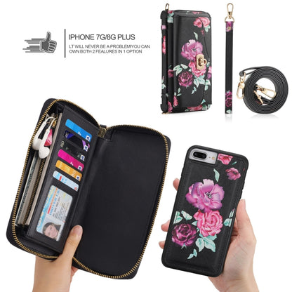 For iPhone 7 Plus / 8 Plus POLA Flower Multi-functional Crossbody Zipper Wallet Leather Phone Case(Black) - More iPhone Cases by buy2fix | Online Shopping UK | buy2fix