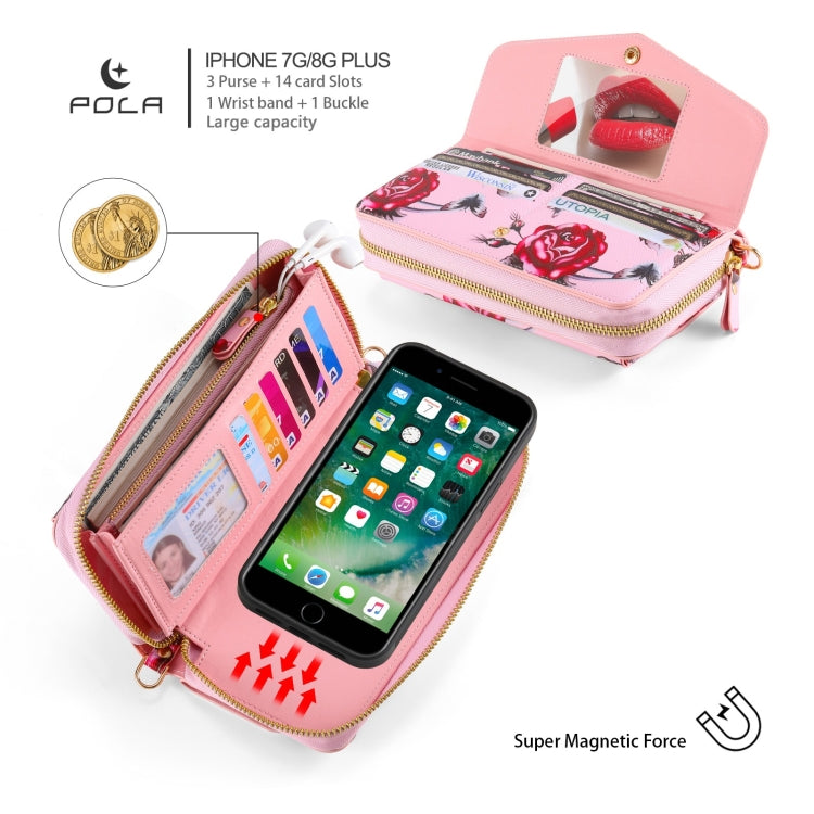 For iPhone 7 Plus / 8 Plus POLA Flower Multi-functional Crossbody Zipper Wallet Leather Phone Case(Pink) - More iPhone Cases by buy2fix | Online Shopping UK | buy2fix