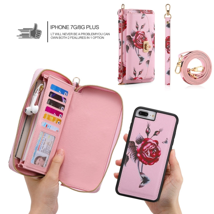 For iPhone 7 Plus / 8 Plus POLA Flower Multi-functional Crossbody Zipper Wallet Leather Phone Case(Pink) - More iPhone Cases by buy2fix | Online Shopping UK | buy2fix