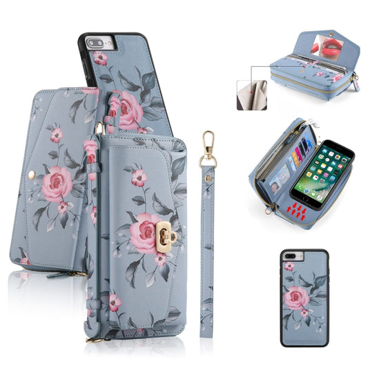 For iPhone 7 Plus / 8 Plus POLA Flower Multi-functional Crossbody Zipper Wallet Leather Phone Case(Blue) - More iPhone Cases by buy2fix | Online Shopping UK | buy2fix