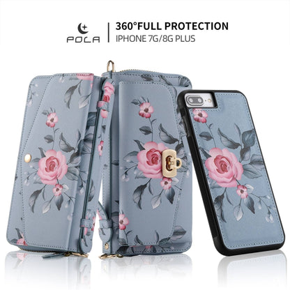 For iPhone 7 Plus / 8 Plus POLA Flower Multi-functional Crossbody Zipper Wallet Leather Phone Case(Blue) - More iPhone Cases by buy2fix | Online Shopping UK | buy2fix