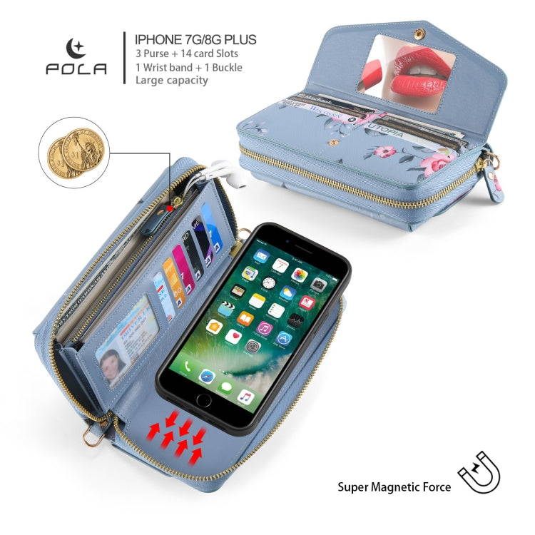 For iPhone 7 Plus / 8 Plus POLA Flower Multi-functional Crossbody Zipper Wallet Leather Phone Case(Blue) - More iPhone Cases by buy2fix | Online Shopping UK | buy2fix