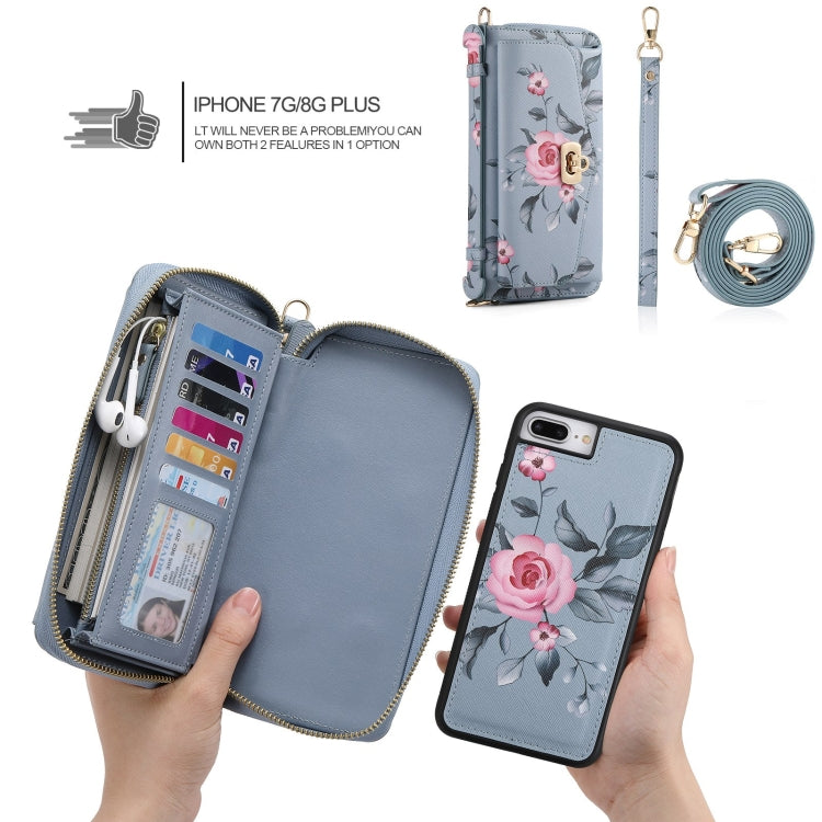 For iPhone 7 Plus / 8 Plus POLA Flower Multi-functional Crossbody Zipper Wallet Leather Phone Case(Blue) - More iPhone Cases by buy2fix | Online Shopping UK | buy2fix