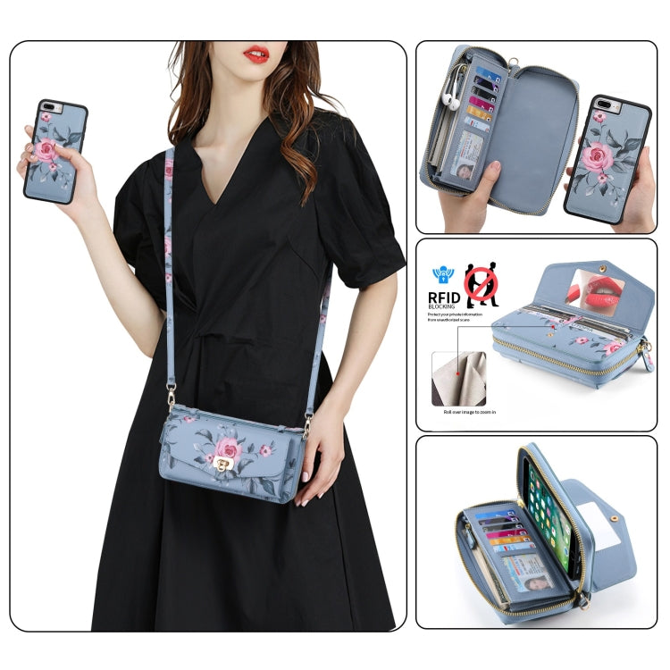 For iPhone 7 Plus / 8 Plus POLA Flower Multi-functional Crossbody Zipper Wallet Leather Phone Case(Blue) - More iPhone Cases by buy2fix | Online Shopping UK | buy2fix