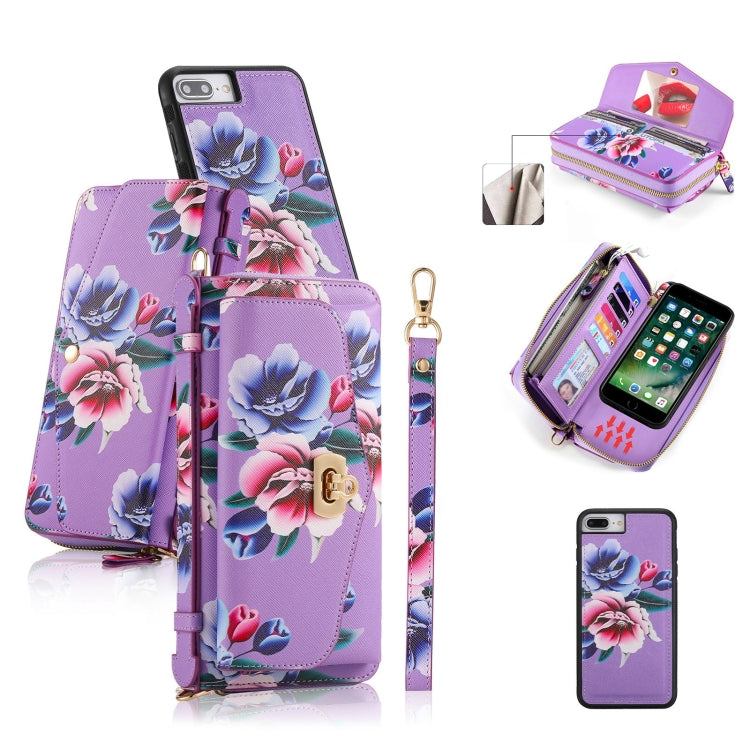 For iPhone 7 Plus / 8 Plus POLA Flower Multi-functional Crossbody Zipper Wallet Leather Phone Case(Purple) - More iPhone Cases by buy2fix | Online Shopping UK | buy2fix