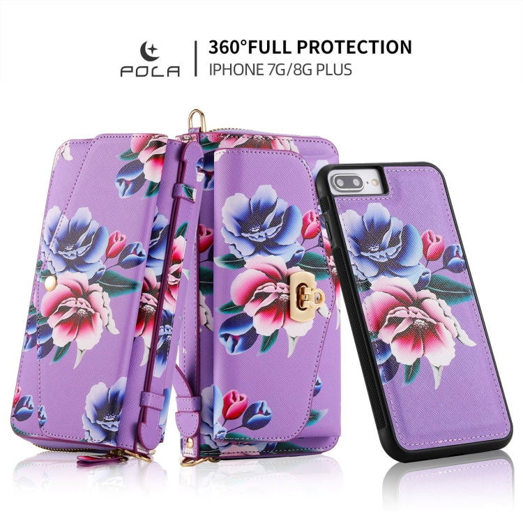 For iPhone 7 Plus / 8 Plus POLA Flower Multi-functional Crossbody Zipper Wallet Leather Phone Case(Purple) - More iPhone Cases by buy2fix | Online Shopping UK | buy2fix