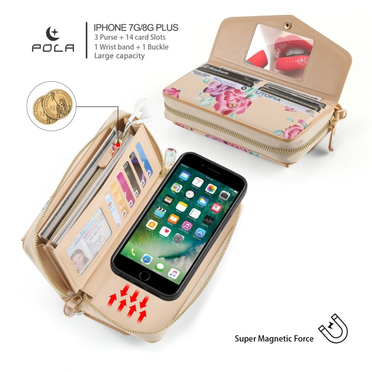 For iPhone 7 Plus / 8 Plus POLA Flower Multi-functional Crossbody Zipper Wallet Leather Phone Case(Yellow) - More iPhone Cases by buy2fix | Online Shopping UK | buy2fix