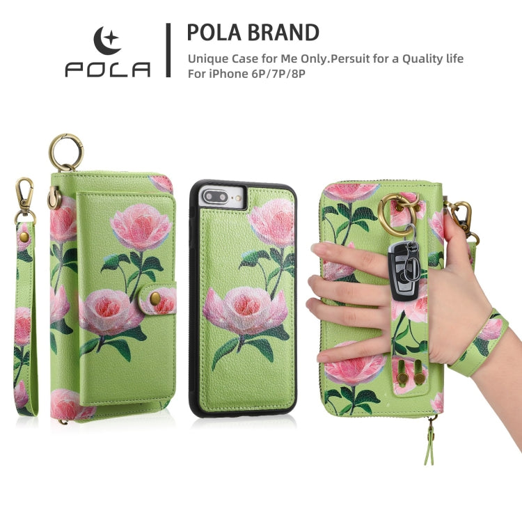 For iPhone 7 / 8 / SE 2022 POLA Flower Multi-functional Zipper Wallet Leather Phone Case(Green) - iPhone SE 2022 / 2020 / 8 / 7 Cases by buy2fix | Online Shopping UK | buy2fix