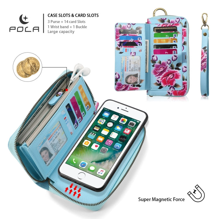 For iPhone 7 / 8 / SE 2022 POLA Flower Multi-functional Zipper Wallet Leather Phone Case(Sky Blue) - iPhone SE 2022 / 2020 / 8 / 7 Cases by buy2fix | Online Shopping UK | buy2fix