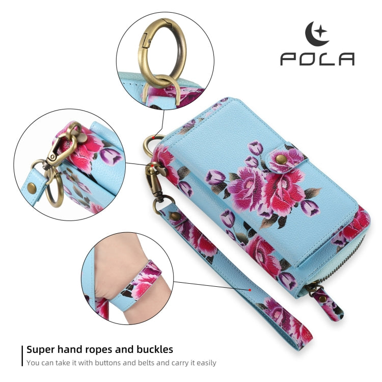 For iPhone 7 / 8 / SE 2022 POLA Flower Multi-functional Zipper Wallet Leather Phone Case(Sky Blue) - iPhone SE 2022 / 2020 / 8 / 7 Cases by buy2fix | Online Shopping UK | buy2fix