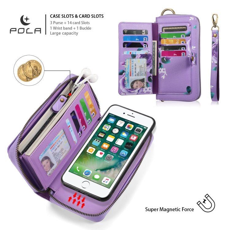 For iPhone 7 / 8 / SE 2022 POLA Flower Multi-functional Zipper Wallet Leather Phone Case(Purple) - iPhone SE 2022 / 2020 / 8 / 7 Cases by buy2fix | Online Shopping UK | buy2fix