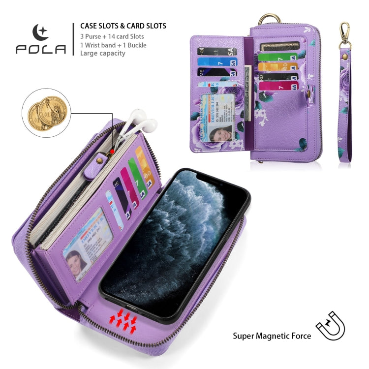 For iPhone 11 Pro Max POLA Flower Multi-functional Zipper Wallet Leather Phone Case(Purple) - iPhone 11 Pro Max Cases by buy2fix | Online Shopping UK | buy2fix