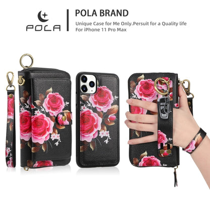 For iPhone 11 POLA Flower Multi-functional Zipper Wallet Leather Phone Case(Black) - iPhone 11 Cases by buy2fix | Online Shopping UK | buy2fix