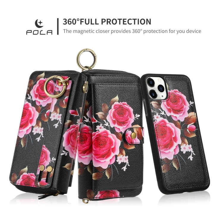 For iPhone 11 POLA Flower Multi-functional Zipper Wallet Leather Phone Case(Black) - iPhone 11 Cases by buy2fix | Online Shopping UK | buy2fix