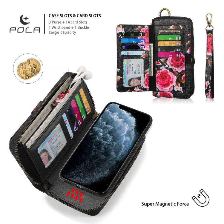 For iPhone 11 POLA Flower Multi-functional Zipper Wallet Leather Phone Case(Black) - iPhone 11 Cases by buy2fix | Online Shopping UK | buy2fix
