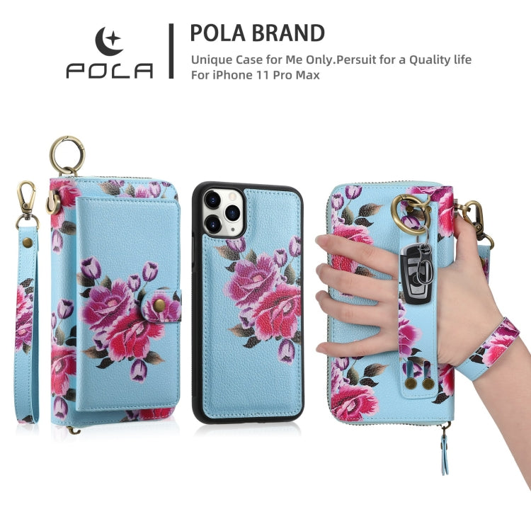 For iPhone 11 POLA Flower Multi-functional Zipper Wallet Leather Phone Case(Sky Blue) - iPhone 11 Cases by buy2fix | Online Shopping UK | buy2fix