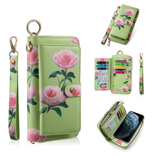 For iPhone 11 Pro POLA Flower Multi-functional Zipper Wallet Leather Phone Case(Green) - iPhone 11 Pro Cases by buy2fix | Online Shopping UK | buy2fix