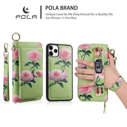 For iPhone 11 Pro POLA Flower Multi-functional Zipper Wallet Leather Phone Case(Green) - iPhone 11 Pro Cases by buy2fix | Online Shopping UK | buy2fix