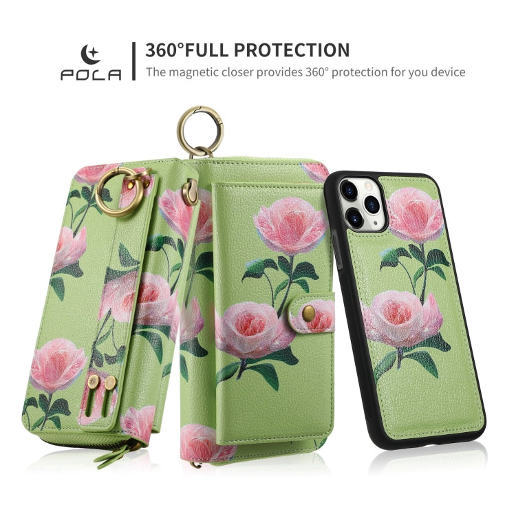 For iPhone 11 Pro POLA Flower Multi-functional Zipper Wallet Leather Phone Case(Green) - iPhone 11 Pro Cases by buy2fix | Online Shopping UK | buy2fix