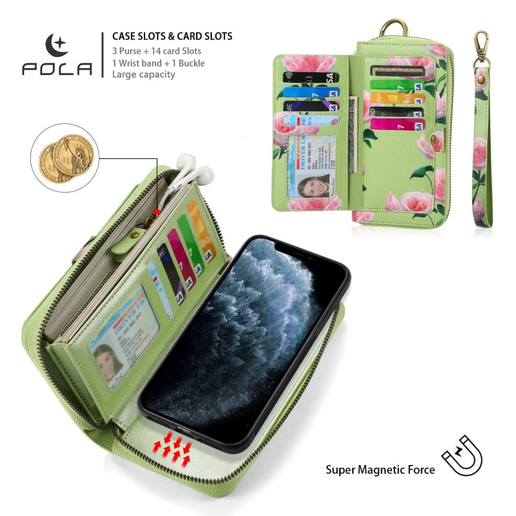 For iPhone 11 Pro POLA Flower Multi-functional Zipper Wallet Leather Phone Case(Green) - iPhone 11 Pro Cases by buy2fix | Online Shopping UK | buy2fix