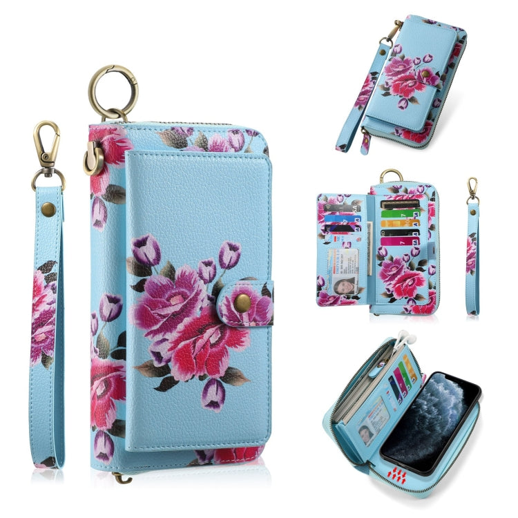 For iPhone 11 Pro POLA Flower Multi-functional Zipper Wallet Leather Phone Case(Sky Blue) - iPhone 11 Pro Cases by buy2fix | Online Shopping UK | buy2fix