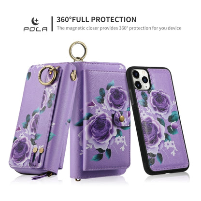 For iPhone 11 Pro POLA Flower Multi-functional Zipper Wallet Leather Phone Case(Purple) - iPhone 11 Pro Cases by buy2fix | Online Shopping UK | buy2fix