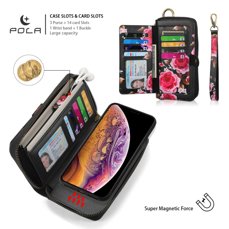 For iPhone X / XS POLA Flower Multi-functional Zipper Wallet Leather Phone Case(Black) - More iPhone Cases by buy2fix | Online Shopping UK | buy2fix