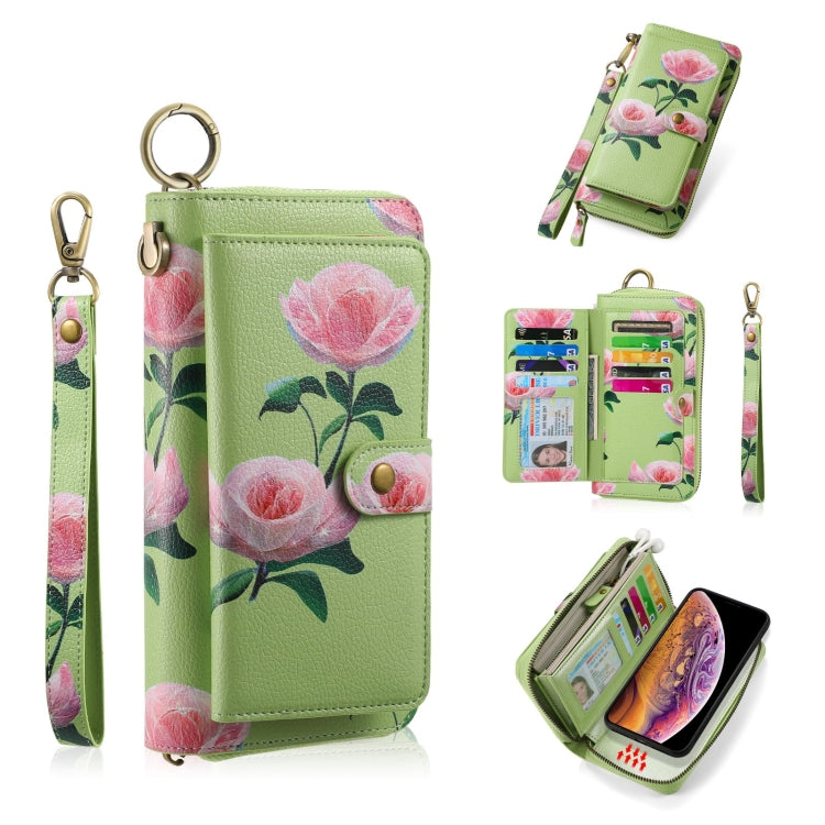For iPhone X / XS POLA Flower Multi-functional Zipper Wallet Leather Phone Case(Green) - More iPhone Cases by buy2fix | Online Shopping UK | buy2fix