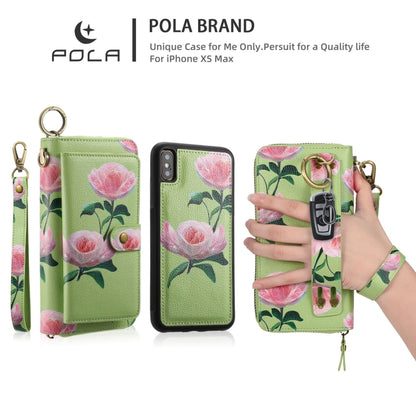For iPhone X / XS POLA Flower Multi-functional Zipper Wallet Leather Phone Case(Green) - More iPhone Cases by buy2fix | Online Shopping UK | buy2fix