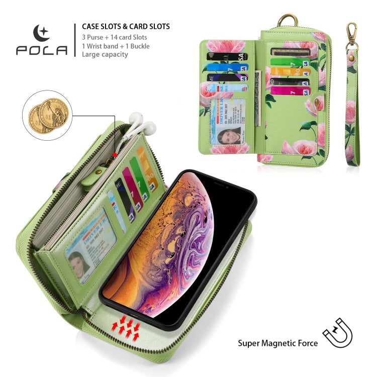 For iPhone X / XS POLA Flower Multi-functional Zipper Wallet Leather Phone Case(Green) - More iPhone Cases by buy2fix | Online Shopping UK | buy2fix