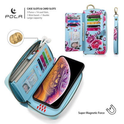 For iPhone X / XS POLA Flower Multi-functional Zipper Wallet Leather Phone Case(Sky Blue) - More iPhone Cases by buy2fix | Online Shopping UK | buy2fix