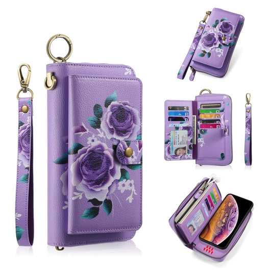 For iPhone X / XS POLA Flower Multi-functional Zipper Wallet Leather Phone Case(Purple) - More iPhone Cases by buy2fix | Online Shopping UK | buy2fix