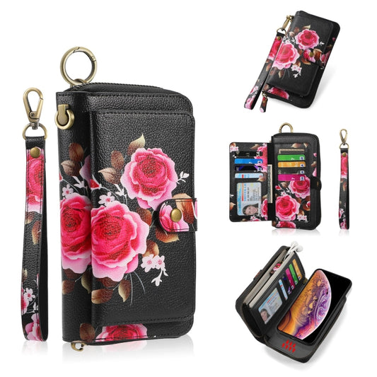 For iPhone XR POLA Flower Multi-functional Zipper Wallet Leather Phone Case(Black) - More iPhone Cases by buy2fix | Online Shopping UK | buy2fix