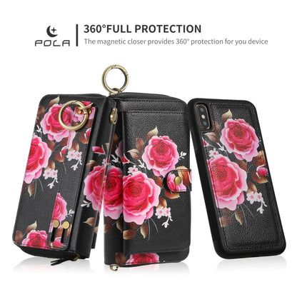For iPhone XR POLA Flower Multi-functional Zipper Wallet Leather Phone Case(Black) - More iPhone Cases by buy2fix | Online Shopping UK | buy2fix