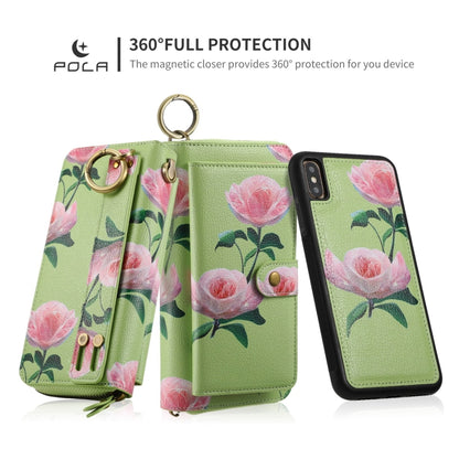 For iPhone XR POLA Flower Multi-functional Zipper Wallet Leather Phone Case(Green) - More iPhone Cases by buy2fix | Online Shopping UK | buy2fix