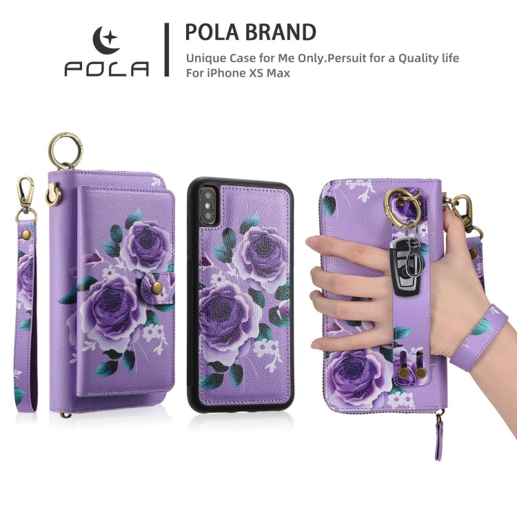 For iPhone XR POLA Flower Multi-functional Zipper Wallet Leather Phone Case(Purple) - More iPhone Cases by buy2fix | Online Shopping UK | buy2fix